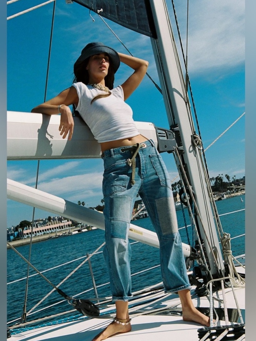 Free People Jeans Moxie Barrel Leg Distressed Green Belted in Truest Blue - Picture 3 of 10